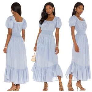 LoveShackFancy Begonia Dress Blue Baby Pomme Medium Midi Short Sleeve Ruffle EUC